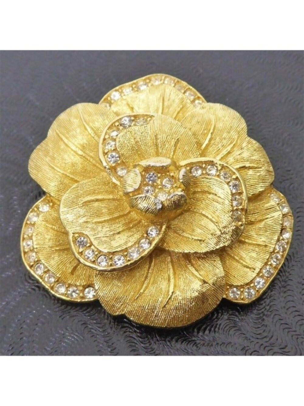 Vintage Christian Dior Camellia Flower Brooch Gold Plated Rhinestone Signed 1.6"
